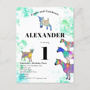 1. Geburtstag Farbige Wasserfarbenziegen Einladungspostkarte