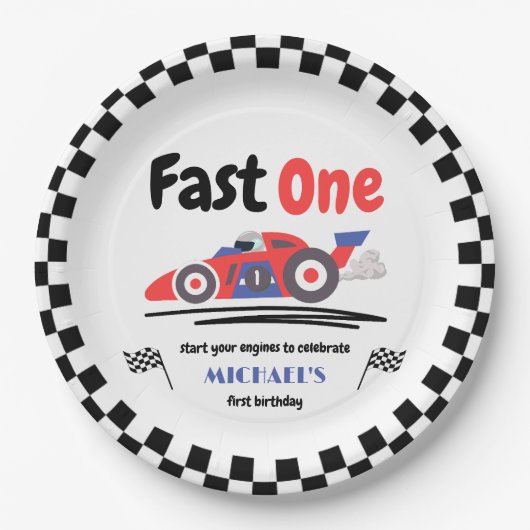 1. Geburtstag Fast One Red Blue Race Car Pappteller (Vorderseite)
