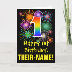 1. Geburtstag: Fun Fireworks Pattern + Regenbogen Karte