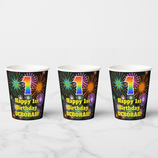 1. Geburtstag: Fun Fireworks Pattern + Regenbogen Pappbecher (Multi)
