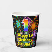 1. Geburtstag: Fun Fireworks Pattern + Regenbogen Pappbecher (Vorderseite)