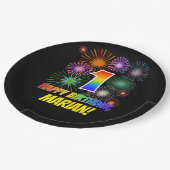 1. Geburtstag: Fun Fireworks Pattern + Regenbogen Pappteller (Schrägansicht)
