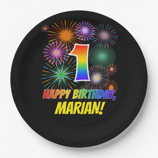 1. Geburtstag: Fun Fireworks Pattern + Regenbogen Pappteller (Vorderseite)