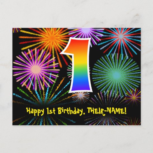 1. Geburtstag - Fun Fireworks Pattern + Regenbogen Postkarte (Vorderseite)