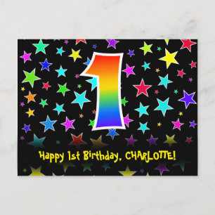 1. Geburtstag: Fun Stars Muster, Regenbogen 1, Nam Postkarte
