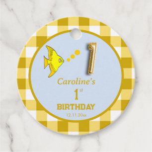 1. Geburtstag Gelb Gingham Fisch Gold Ballon Geschenkanhänger