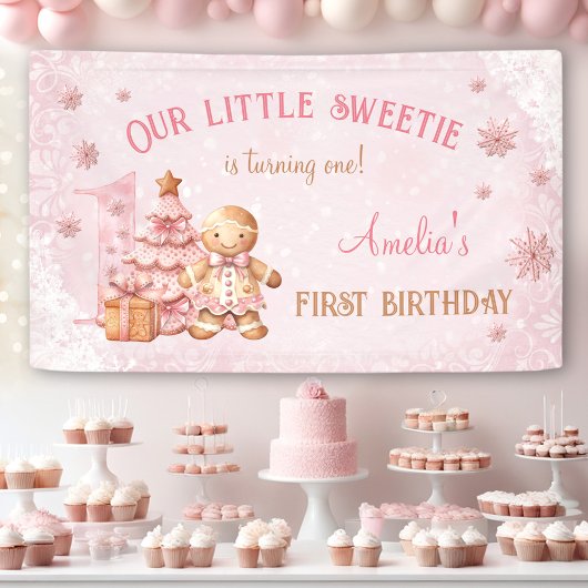 1. Geburtstag Gingerbread Mann Mädchen Pink Weihna Banner