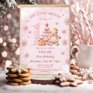 1. Geburtstag Gingerbread Mann Mädchen Pink Weihna Einladung