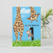 1. Geburtstag Giraffe und Affe im Gras Einladung (Stehend Vorderseite)