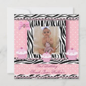 1. Geburtstag Girl Pink Cupcakes Zebra Baby Einladung (Vorderseite)
