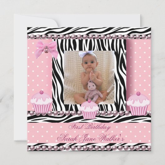 1. Geburtstag Girl Pink Cupcakes Zebra Baby Einladung (Vorderseite)