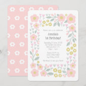 1. Geburtstag Girly Blume Pink und Gold Muster Einladung (Vorne/Hinten)