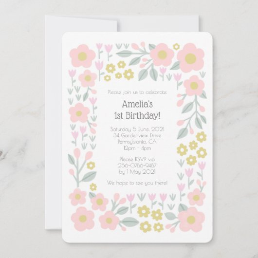 1. Geburtstag Girly Blume Pink und Gold Muster Einladung (Vorderseite)
