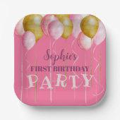 1. Geburtstag Girly Pink & Gold Ballon Geburtstag Pappteller (Vorderseite)