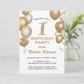 1. Geburtstag Glitzer-Balloons aus Weiß und Gold Einladung (Stehend Vorderseite)
