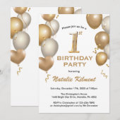 1. Geburtstag Glitzer-Balloons aus Weiß und Gold Einladung (Vorne/Hinten)