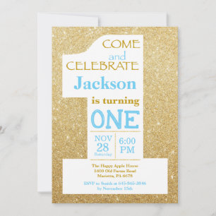 1. Geburtstag Gold Glitter und Blau Einladung