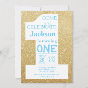 1. Geburtstag Gold Glitter und Blau Einladung