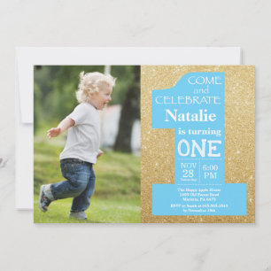 1. Geburtstag Gold Glitter und Blau Foto Einladung