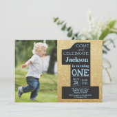 1. Geburtstag Gold Glitzer und Blue Foto Einladung (Stehend Vorderseite)