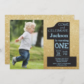 1. Geburtstag Gold Glitzer und Blue Foto Einladung (Vorne/Hinten)