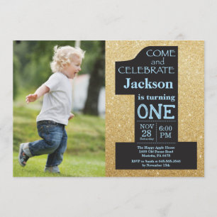 1. Geburtstag Gold Glitzer und Blue Foto Einladung
