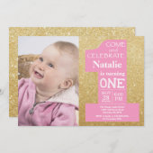1. Geburtstag Gold Glitzer und Rosa Foto Einladung (Vorne/Hinten)