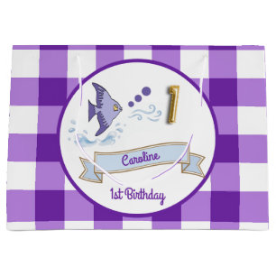 1. Geburtstag Goldfolienballon Lila Gingham Fisch Große Geschenktüte