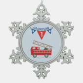 1. Geburtstag Grandson, Feuerwehrauto Schneeflocken Zinn-Ornament (Vorderseite)