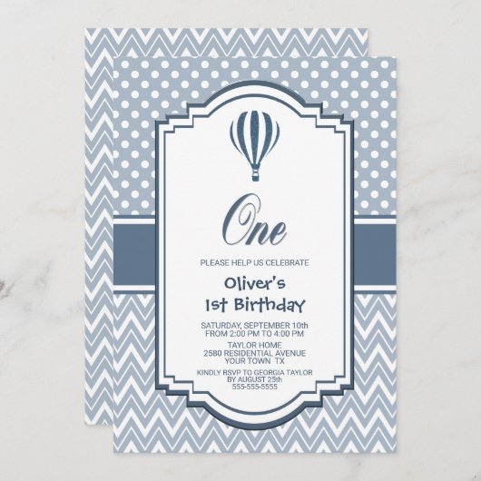 1. Geburtstag Graues Heißluftballon-Party Einladung (Vorne/Hinten)