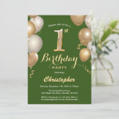 1. Geburtstag Green und Gold Balloons Confetti Einladung (Stehend Vorderseite)