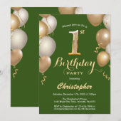 1. Geburtstag Green und Gold Balloons Confetti Einladung (Vorne/Hinten)
