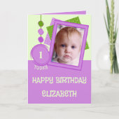1. Geburtstag heute Foto lila grün Karte (Vorderseite)