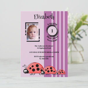 1. Geburtstag hinzufügen Bildladybugs rot lila Einladung