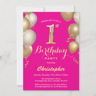 1. Geburtstag Hot Pink und Gold Balloons Confetti Einladung
