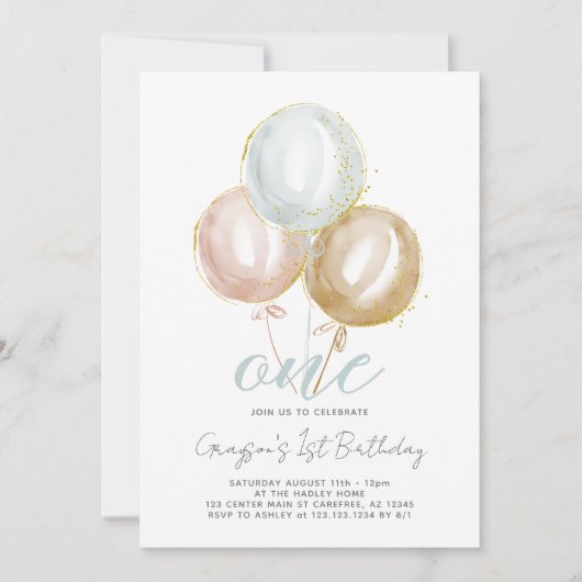 1. Geburtstag Junge One Balloons Einladung (Vorderseite)