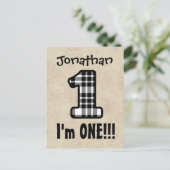 1. Geburtstag Karierte Nummer A07G Ankündigungspostkarte (Stehend Vorderseite)