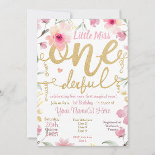 1. Geburtstag Kleine Miss ONEderful Pink Floral Einladung
