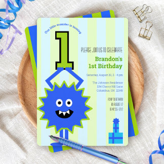 1. Geburtstag Kleiner Monster Junge Blau Grüne Str Einladung