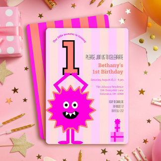 1. Geburtstag Kleines heißes rosa Monster Lustiges Einladung