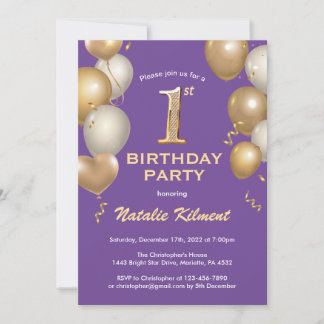 1. Geburtstag Lila und Gold Glitzer Balloons Einladung