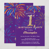 1. Geburtstag Lila und Goldene Rainbow Feuerwerk Einladung (Vorne/Hinten)