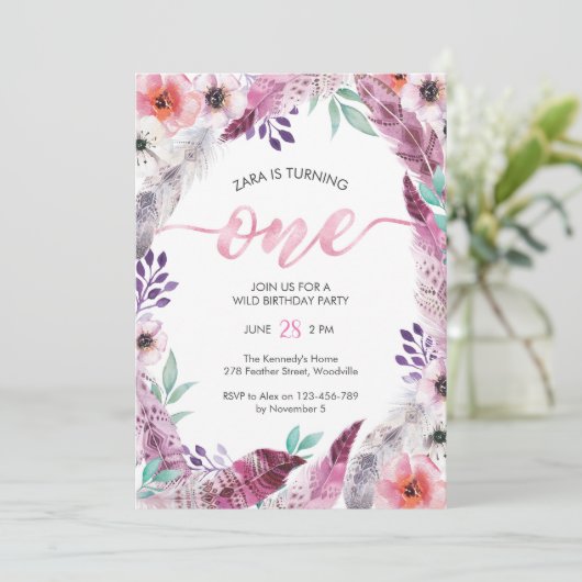 1. Geburtstag Mädchen-Geburtstag Boho Einladung (Stehend Vorderseite)