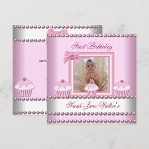 1. Geburtstag Mädchen Rosa Cupcakes Weiße Perle Ba Einladung