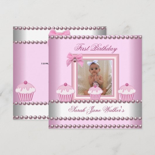 1. Geburtstag Mädchen Rosa Cupcakes Weiße Perle Ba Einladung (Vorne/Hinten)