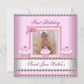 1. Geburtstag Mädchen Rosa Cupcakes Weiße Perle Ba Einladung (Vorderseite)