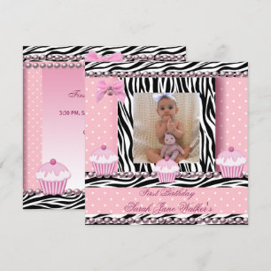 1. Geburtstag Mädchen Rosa Cupcakes Zebra Baby Einladung