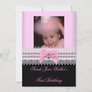 1. Geburtstag Mädchen Rosa Weiße Perle Foto Erste  Einladung