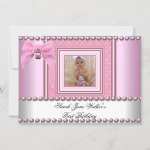 1. Geburtstag Mädchen Rosa Weiße Perle Foto Erste Einladung