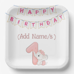 1. Geburtstag Mädchen Süßer Elefant und Wimpelgirl Pappteller